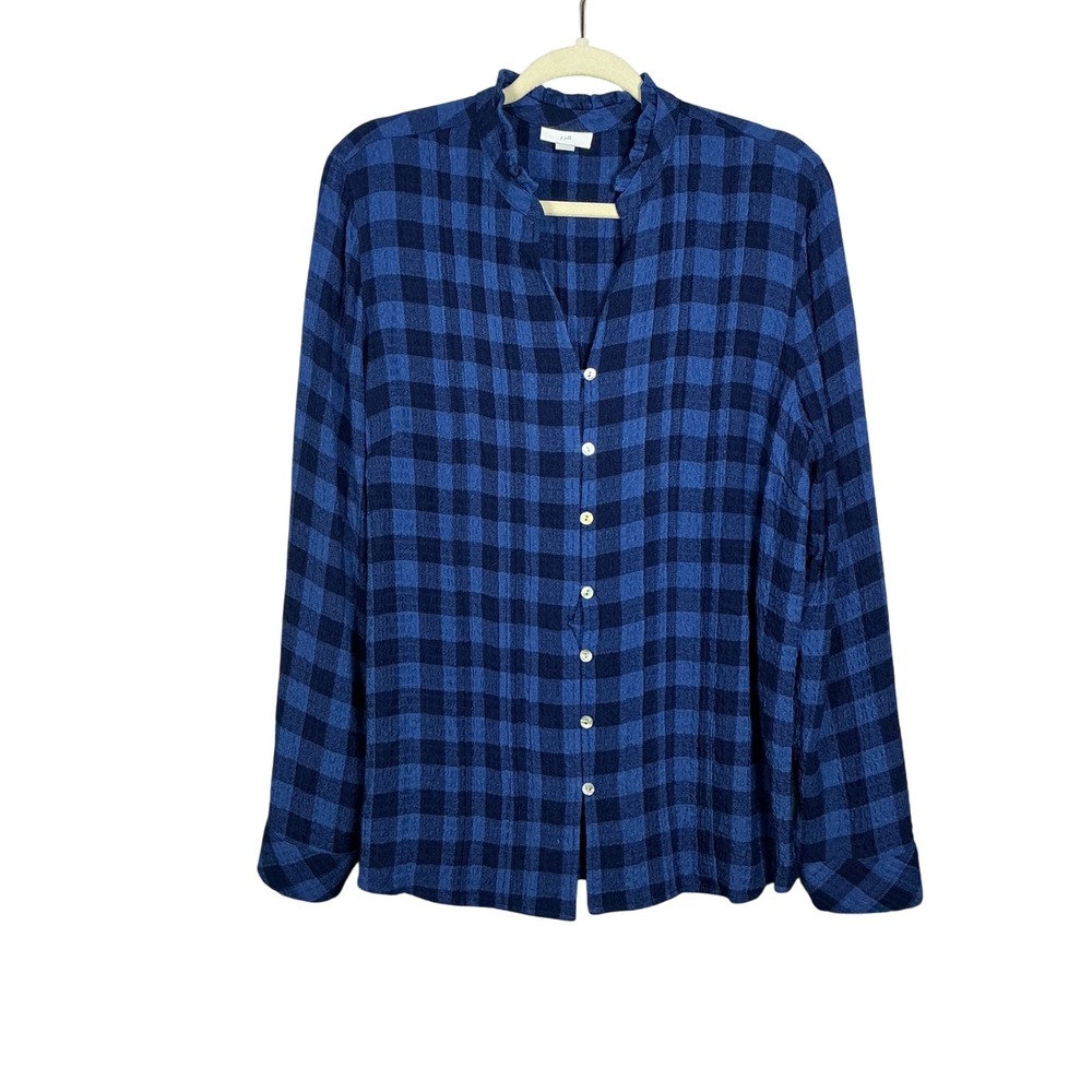 J. Jill Blue Buffalo Check Ruffle Neck Pintuck Button Front Blouse Large